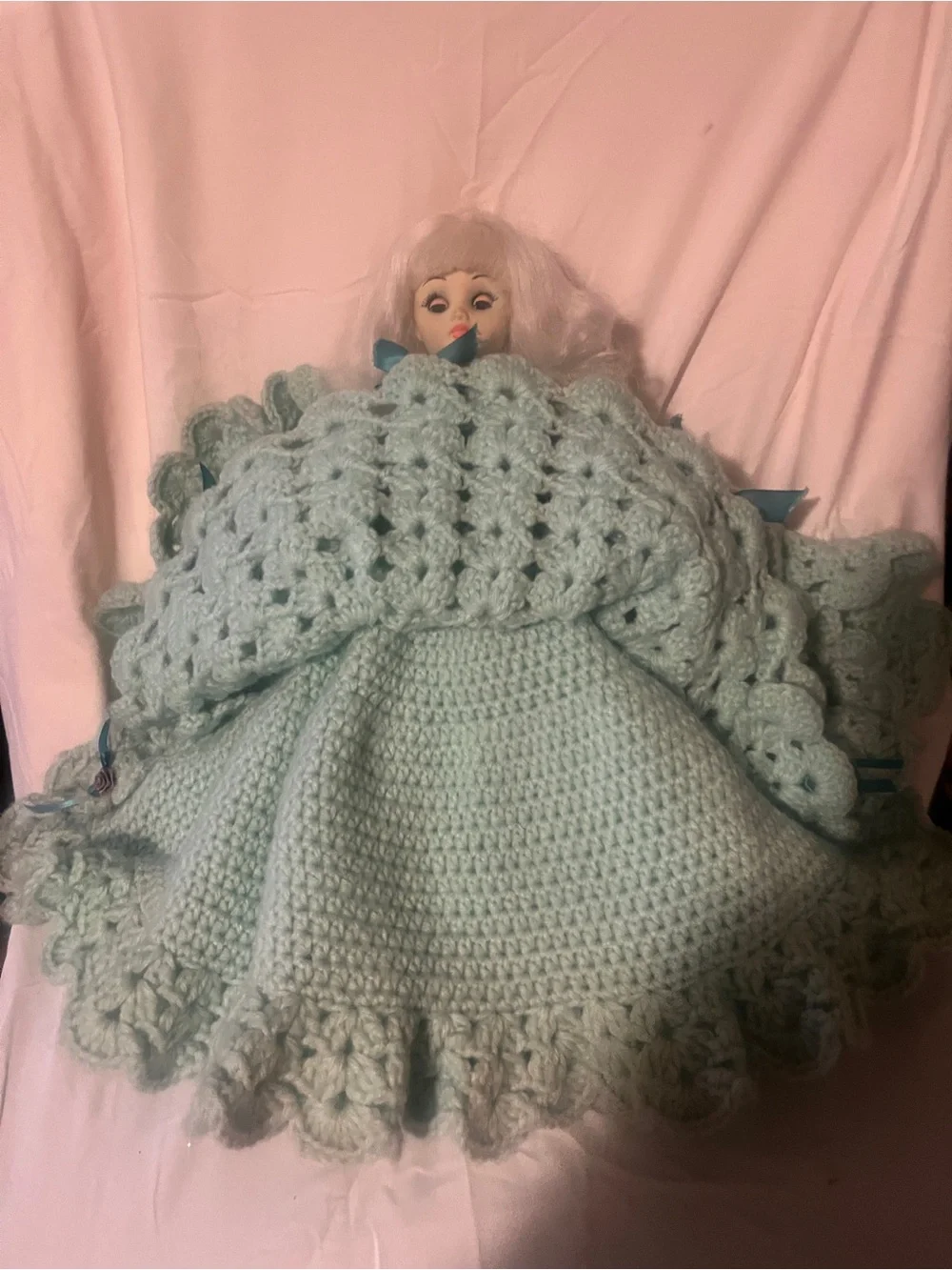 Vintage Doll with Handmade Light Aqua Crochet Dress with Ribbon Accents